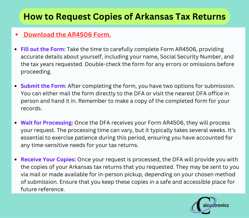 Instructions on how to request copies of Arkansas tax returns