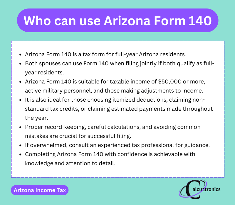 Arizona Form 140 explanation, outlining its use for full-year residents, joint filers, military personnel, individuals with incomes of $50,000+, or those seeking adjustments.